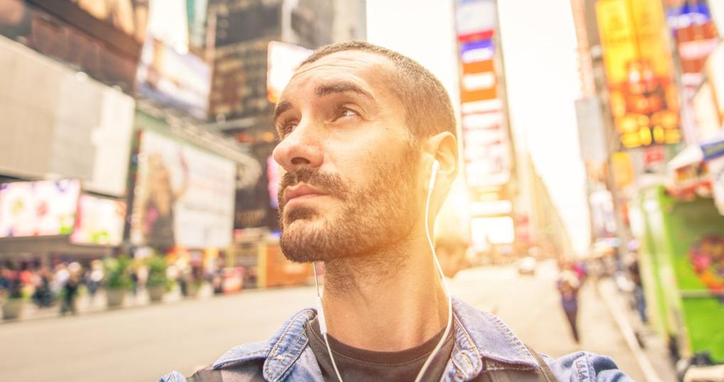 Male tourist in Times Square