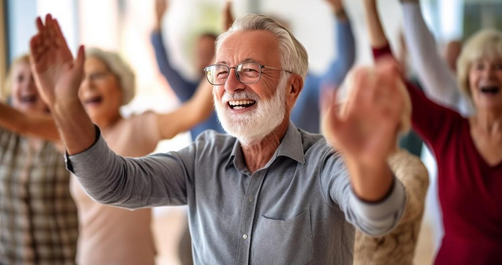 Older man raising hands