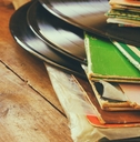 vintage records on wooden table