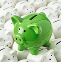 Green piggy bank standing out among white piggy banks 