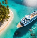 Aerial view of a large cruise ship in front of a small tropical island