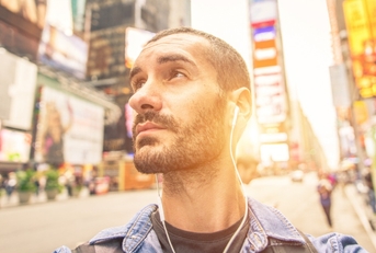 Male tourist at Times Square