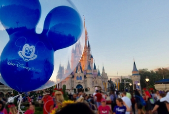 Mickey balloon and Cinderella Castle at Walt Disney World