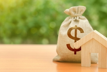 Wooden toy house with money bag