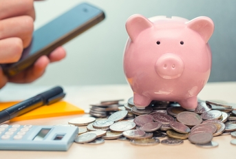 piggy bank on top of coins