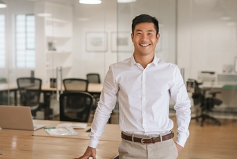Young Asian businessman standing in an office smiling