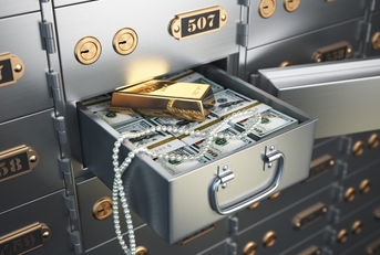Open safe deposit box with money jewels and golden ingot