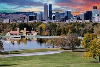 Denver Skyline and Mountains Beyond Lake