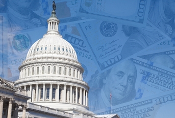 Picture of the government buildings with money in the background