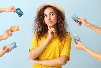 woman and hands with credit cards