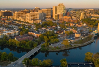 Delaware River flows smoothly by Wilmington at dawn