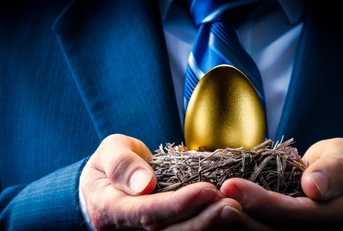 A person holding a golden egg in a nest