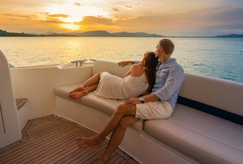 couple looking in sunset from the yacht