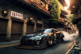 A sports car races down an alleyway. 