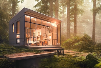 modern cabin house with glass interior and golden lights inside in the middle of forest