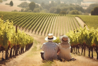 couple sitting in pathway between grape wines enjoying the beautiful scenery