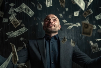 Millionaire with money raining on him