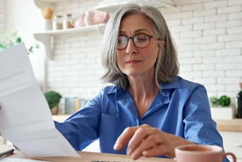 senior mature business woman holding paper bill using calculator managing account finance while sitting at home kitchen table