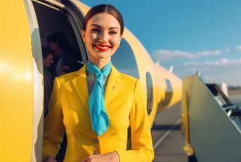 air hostess smiling at airplane entrance