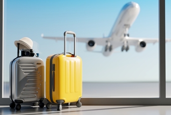 luggage with airplane flying at back