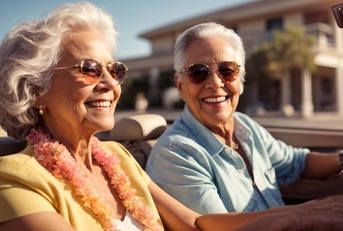 senior couple driving cabriolet car