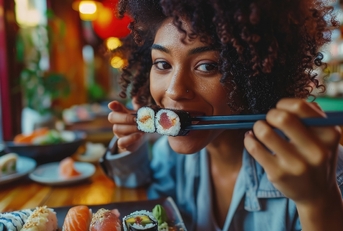 Woman eating sushi