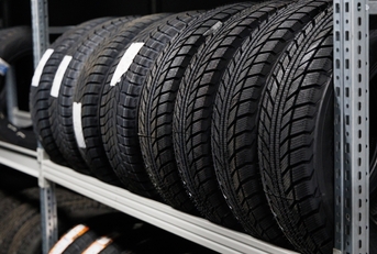 car tires on shelves at warehouse