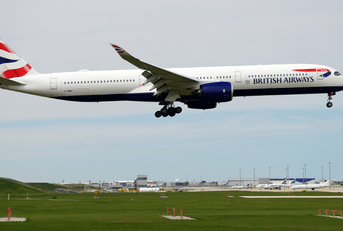 A British Airways plane lifts off the runway.