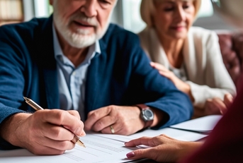 senior couple signing papers at office