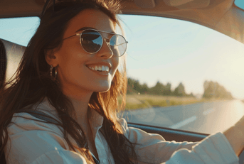 A woman wears sunglasses while driving her car.