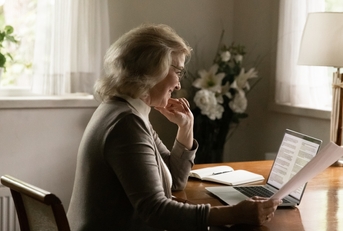 middle aged woman checking paper