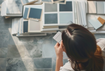 a person surrounded by various paint samples