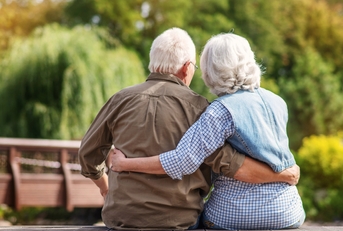 Mature couple resting near lake