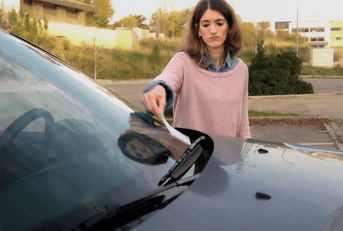 A woman frowns as she finds a parking ticket left on her windshield. 