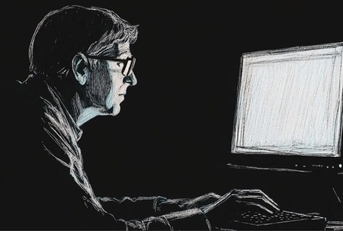 Bill Gates at Computer Dark Drawing