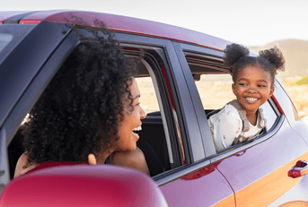 Happy mother and daughter in a car