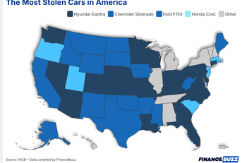 A color coded map of the U.S. showing the most stolen cars in America.