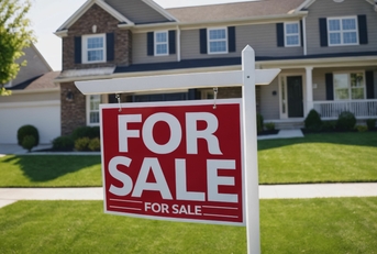 Red 'For Sale' sign in a grassy yard
