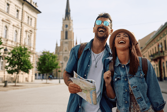 two travelers laughing