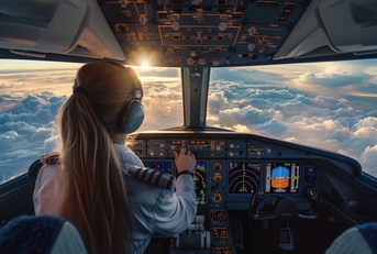 Pilot wearing headset is sitting in airplane