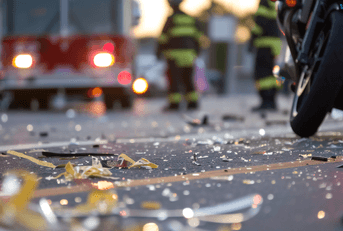 A motorcycle sits next to shattered glass while a firetruck and firefighters are seen in the background.