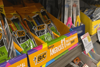 school supplies on shelf