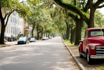 Historic street with vintage truck