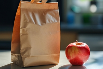 lunch bag with a handle sits on a countertop next to a red apple