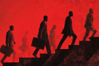 Graphic of business men climbing stairs red background
