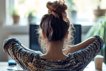 stretching at her desk
