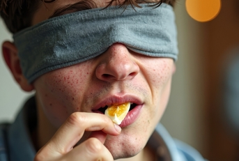 blindfolded young man taking a bite of food 