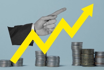 graphic of stacks of coins with a finger pointing up and a yellow arrow showing upward growth