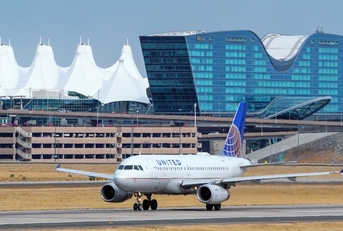 united plane on the runway at denver international airport