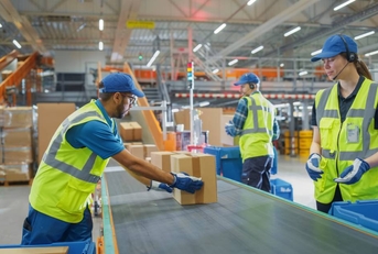 Warehouse employees loading boxes on conveyor belt in a processing center